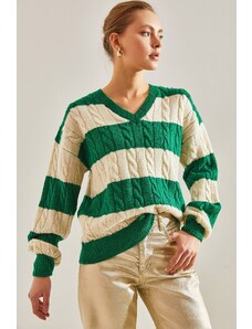 Bianco Lucci Women's V-Neck Hair Braided Knitwear Sweater
