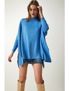 Happiness İstanbul Women's Indigo Blue Side Slit Oversize Poncho Sweater