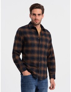 Ombre Men's checkered flannel shirt - navy blue and orange
