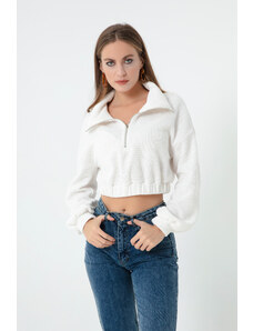 Lafaba Women's White Zippered Crop Sweater