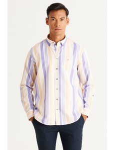 AC&Co / Altınyıldız Classics Men's BEIGE LILA Comfort Fit Comfortable Cut Collar Striped Cotton Shirt with Buttons.