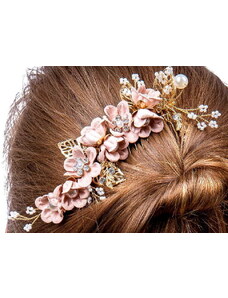 Camerazar Svatební Hřeben pro Vlasy v Růžové Zlaté Barvě s Květinami a Perlami, 14 cm x 6 cm