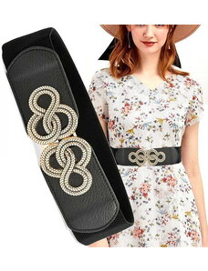 Camerazar Elegantní černý elastický pásek na šaty, 70-100 cm, se zlatou nebo stříbrnou sponou
