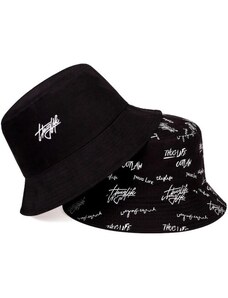 Camerazar Oboustranný rybářský klobouk BUCKET HAT, černý s nápisy, polyester/bavlna, univerzální velikost 55-59 cm