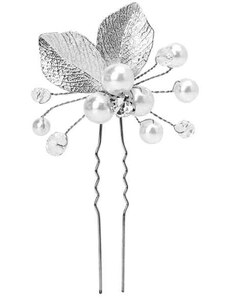 Camerazar Svatební spona do vlasů s perlami a květinovými listy, bílá, 9 cm