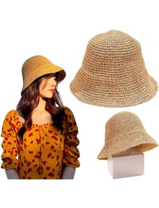 Camerazar Dámský slaměný plážový klobouk BUCKET HAT, tmavá sláma, univerzální velikost 56-58 cm