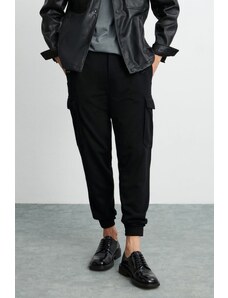 GRIMELANGE Leroy Men's Thick Textured Fabric 6 Pocket Wide Cut Elastic Waist Black Trousers with Velcro Legs