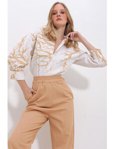 Trend Alaçatı Stili Women's Caramel Twig Pattern Balloon Sleeve Linen Shirt with Hidden Pop Up