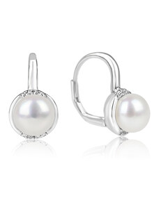 Stříbrné náušnice s perlou a zirkony s klasickým patentem - Meucci SE312