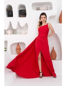 Carmen Red Satin One-Shoulder Long Evening Dress