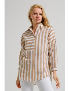 armonika Women's Beige Asymmetric Striped Overszie Long Basic Shirt