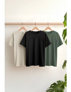 Trendyol Black-Stone-Dark Green Basic Slim/Slim Fit 100% Cotton 3-Pack T-Shirt