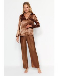 Trendyol Brown Satin Shirt-Pants Woven Pajamas Set