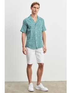 AC&Co / Altınyıldız Classics Men's White-green Comfort Fit Relaxed Cut Mono Collar Checkered Short Sleeve Casual Shirt