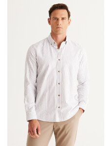 AC&Co / Altınyıldız Classics Men's White Camel Slim Fit Slim Fit Classic Collar Cotton Striped Shirt.