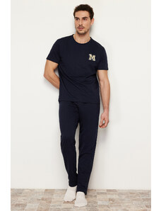 Trendyol Navy Blue Short Sleeve Printed Regular Fit Pajamas Set