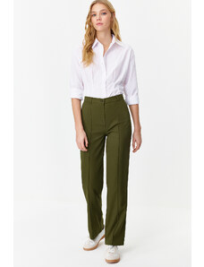 Trendyol Khaki Straight/Straight Fit High Waist Ribbed Stitched Woven Trousers