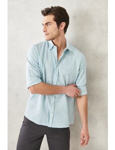 AC&Co / Altınyıldız Classics Men's Green Slim Fit Slim Fit Shirt with Hidden Buttons Collar Linen-Looking 100% Cotton Flared Shirt.