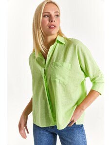 armonika Women's Neon Yellow Pocket Loose Linen Shirt