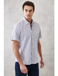 ALTINYILDIZ CLASSICS Men's White-Navy Blue Slim Fit Slim Fit Button-down Collar Striped Shirt