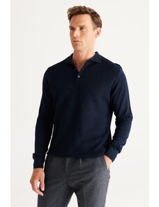 ALTINYILDIZ CLASSICS Men's Navy Blue Standard Fit Normal Cut Polo Collar Wool Knitwear Sweater.