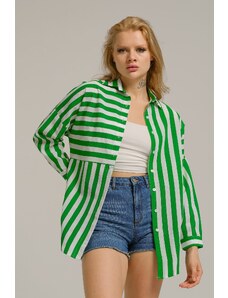 armonika Women's Green Asymmetrical Striped Overszie Long Basic Shirt
