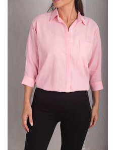 armonika Women's Powder Pink Loose Linen Shirt with Pocket