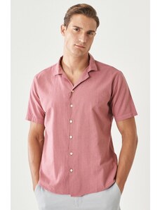 ALTINYILDIZ CLASSICS Men's Burgundy Comfort Fit Relaxed Fit Mono Collar Short Sleeve Plain Linen Shirt