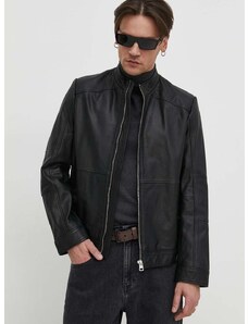 Kožená bunda HUGO pánská, černá barva, přechodná