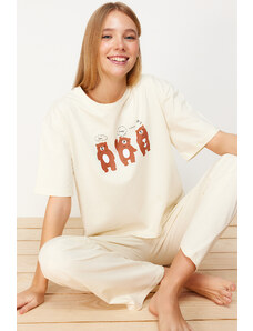 Trendyol Beige 100% Cotton Teddy Bear Printed T-shirt-Pants Knitted Pajamas Set
