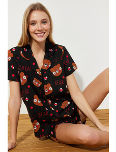 Trendyol Black 100% Cotton Teddy Bear Pattern Knitted Pajamas Set