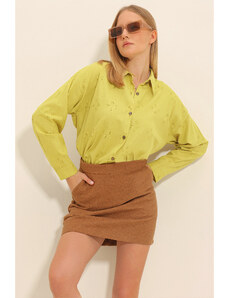 Trend Alaçatı Stili Women's Oil Green Motif Oversize Linen Shirt