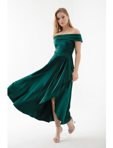 Lafaba Women's Emerald Green Boat Neck Midi Satin Evening Dress