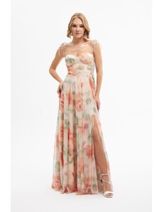 Carmen Orange Printed Slit Long Evening Dress