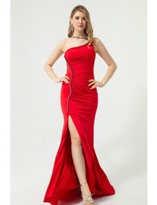 Lafaba Women's Red with Stones Straps and a Slit Long Evening Dress