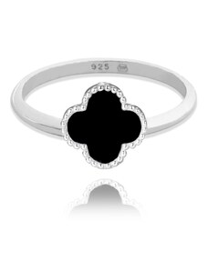 MINET Stříbrný prsten čtyřlístek s onyxem vel. 56