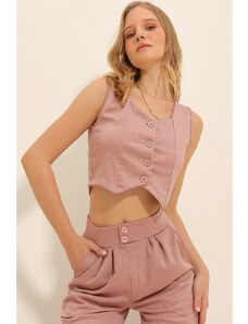 Trend Alaçatı Stili Women's Powder Pink Heart Collar Buttoned Crop Vest