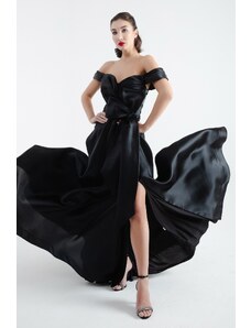 Lafaba Women's Black Off Shoulder Slit Long Evening Dress