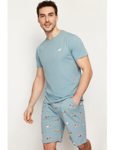 Trendyol Blue Regular Fit Printed Knitted Pajamas Set