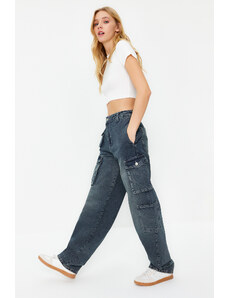 Trendyol Blue Cargo Pocket High Waist Skater Jeans