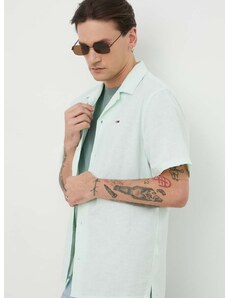 Košile s příměsí lnu Tommy Jeans zelená barva, regular, DM0DM18963