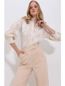 Trend Alaçatı Stili Women's Beige Paisley Patterned Balloon Sleeve Linen Shirt