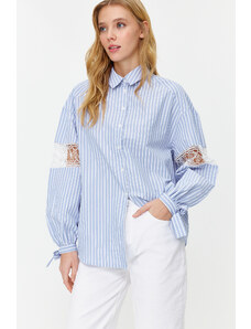 Trendyol Blue Sleeve Brode Detail Cotton Blended Striped Woven Shirt