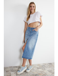 Trendyol Blue Front Zipper High Waist Midi Denim Skirt