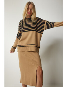 Happiness İstanbul Women's Biscuit Striped Sweater Skirt Knitwear Suit