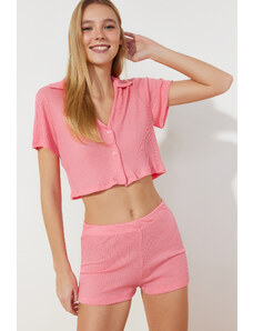 Trendyol Pink Ribbed Crop T-shirt-Shorts Knitted Pajamas Set