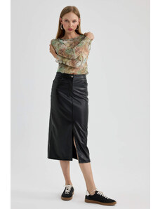 DEFACTO Faux Leather Midi Knitted Skirt