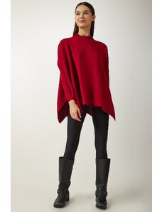 Happiness İstanbul Women's Red High Neck Slit Knitwear Poncho Sweater