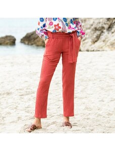 Blancheporte Rovné kalhoty z bavlněné gázoviny v pomačkaném vzhledu mahagon 36