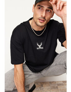 Trendyol Black Oversize Deer Embroidered 100% Cotton T-Shirt